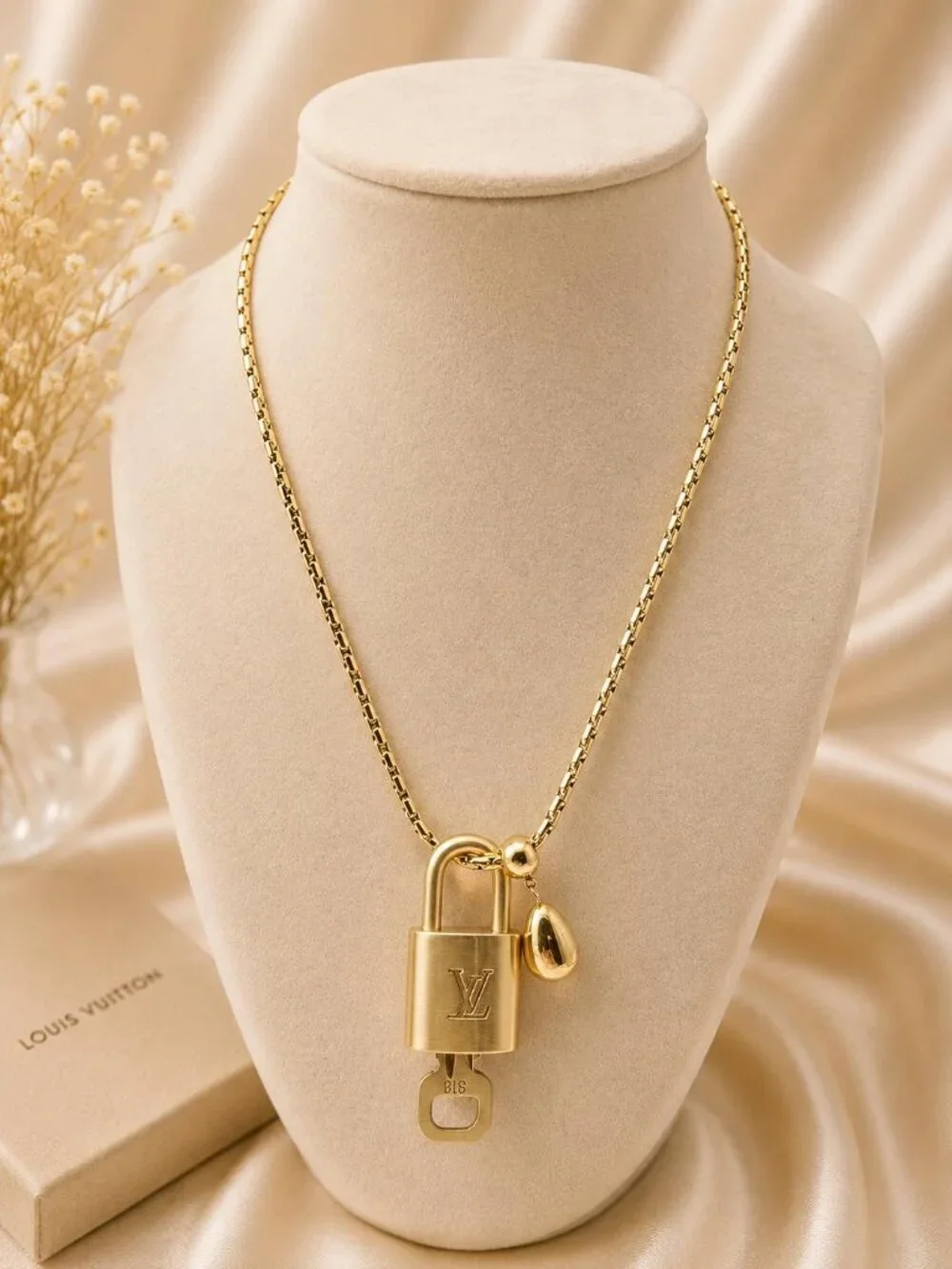 ✨ Stainless Steel Gold-Plated Necklace with Authentic Louis Vuitton Padlock ✨